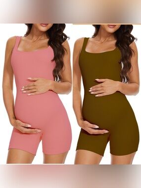 set of 2 Ribbed Square-Neck Maternity Romper - Pink & Brown